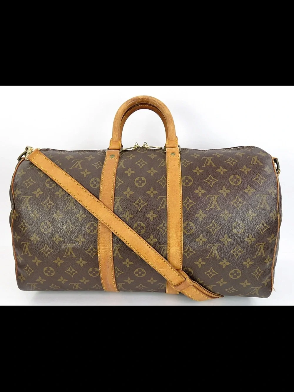 Louis Vuitton Brown Monogram Travel Duffel with Tan Leather Strap